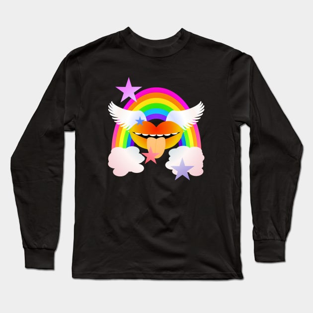 Groovy Winged Lips, Rainbow & Stars - ORANGE Long Sleeve T-Shirt by RawSunArt